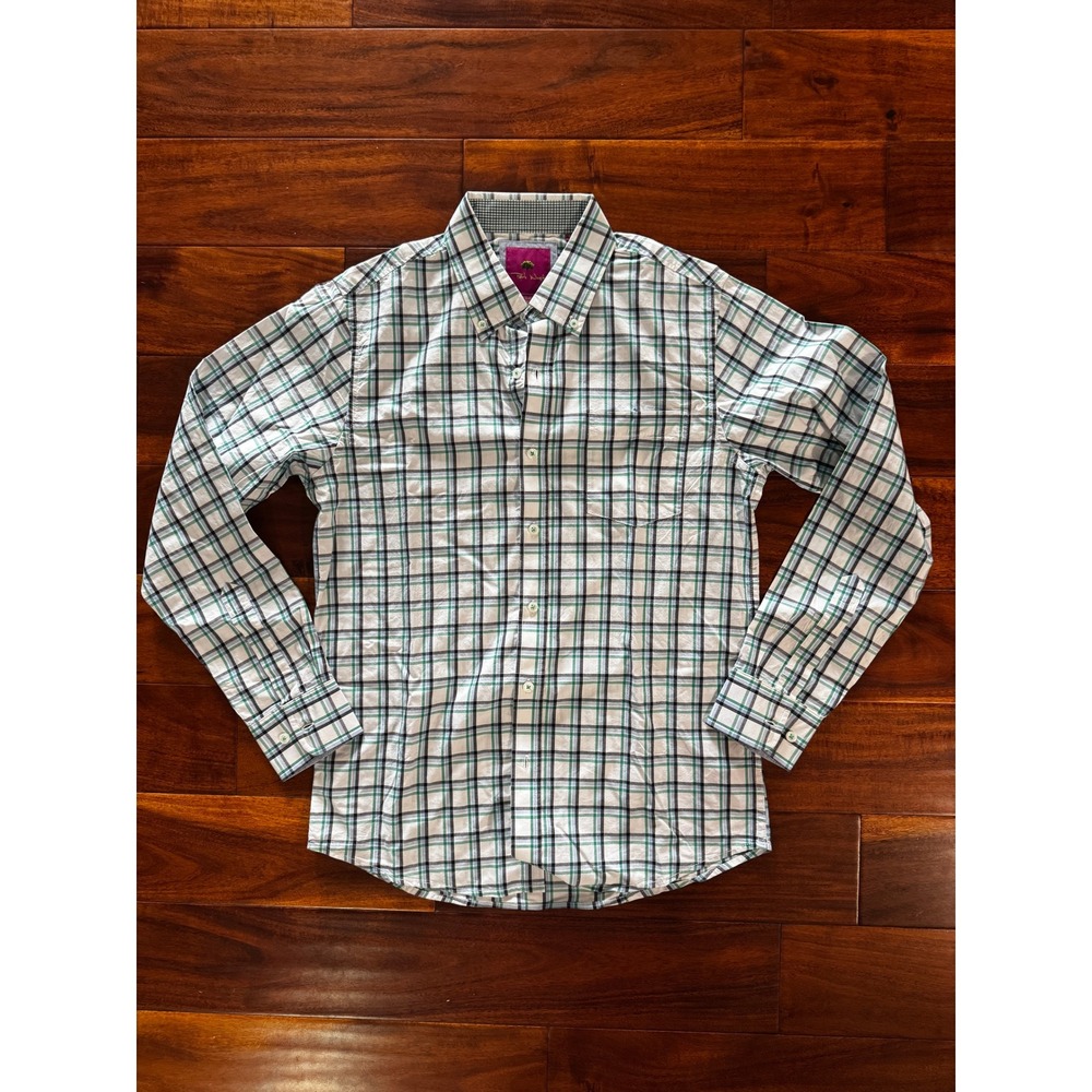 Park West Men Plaid Button Down Shirt Green Blue White Long Sleeve Small 14.5-15